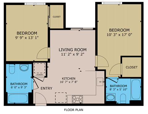 A floor plan of a house with two bedrooms, a living room, a kitchen, a bathroom, and a laundry area.